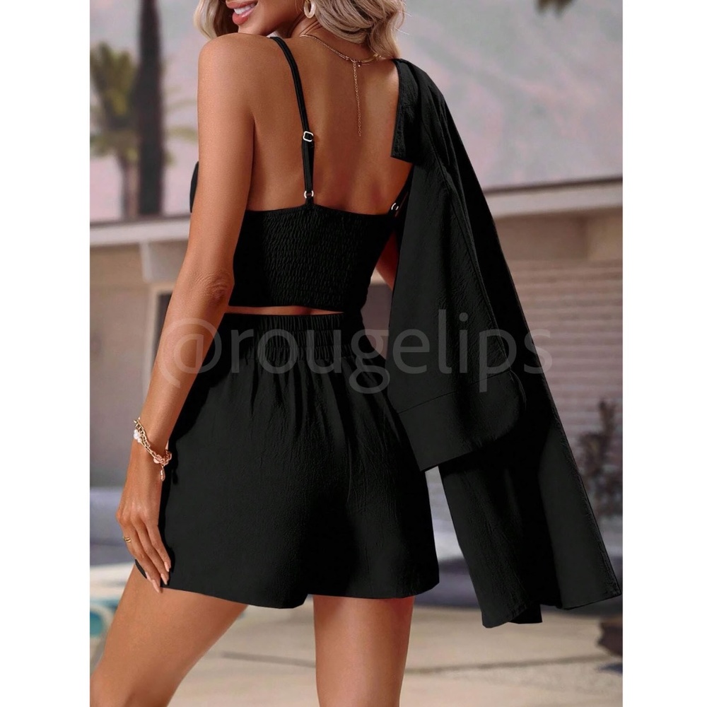 Shorts Set: Cami Crop Top, Button Up Shirt & Shorts in Black - Picture 5 of 7